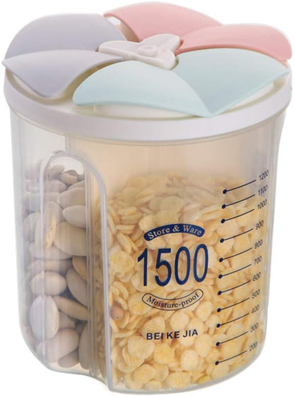 Airtight Kitchen Food Storage Container, Leak-Proof BPA Free Plastic Plastic Dry Cereal Dispensers Containers with Durable Lids for Flour, Sugar, Rice (1500ml-3 Grid)