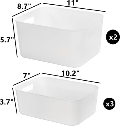 Peohud 5 Pack White Plastic Storage Bins, Pantry Organization and Storage Baskets with Handles, Open Plastic Storage Container for Home, Kitchen, Office, Shelves, Cabinet, Under Sink Organizer