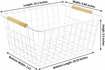 White Metal Wire Food Storage Basket with Wooden Handles for Organizing Snack Basket,Pantry Organizers and Storage for Kitchen Cabinets 4 Pack (Medium)