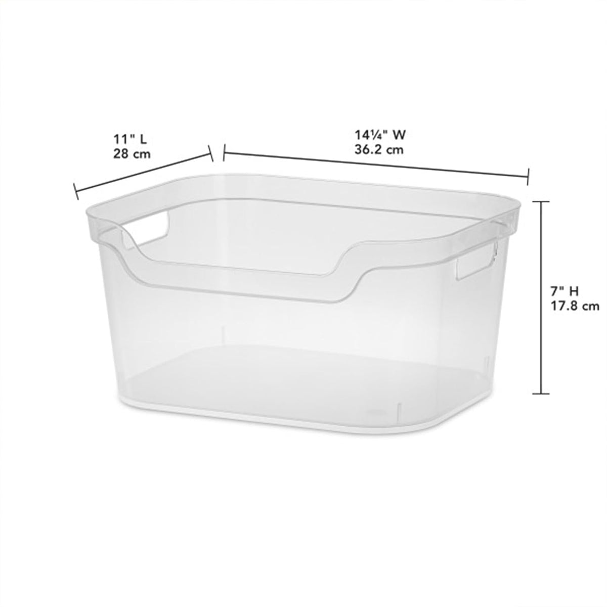 Sterilite 7 x 11 x 14.25 Inch Polished Open Scoop Front Storage Bin with Comfortable Carry Through Handles for Household Organization, Clear