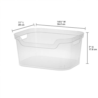 Sterilite 7 x 11 x 14.25 Inch Polished Open Scoop Front Storage Bin with Comfortable Carry Through Handles for Household Organization, Clear