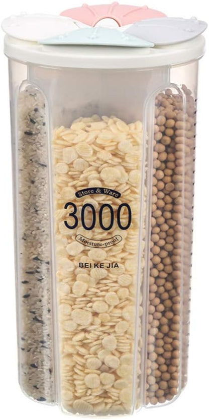 Airtight Kitchen Food Storage Container, Leak-Proof BPA Free Plastic Plastic Dry Cereal Dispensers Containers with Durable Lids for Flour, Sugar, Rice (1500ml-3 Grid)