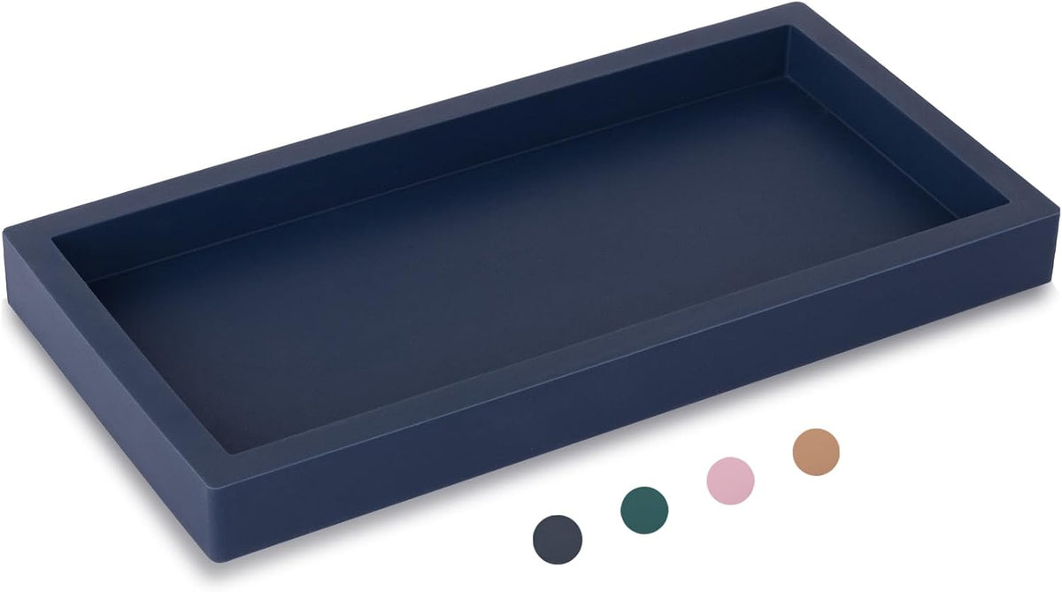 Small Silicone Bathroom Vanity Tray Rectangle Soap and Sponge Holder Kitchen Sink Organizer for Scrubber, Lotion Bottles, Perfume, Jewelry, Candle, Key Trinket Ring, Black
