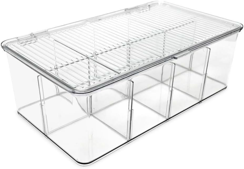 Isaac Jacobs Divided Clear Plastic Organizer (10.88" x 6.63" x 3.75") w/Hinged Lid & Removable Dividers, Stackable Box for Tea Bags, Office Supplies, Cosmetics, BPA-Free, Food Safe Pantry Container