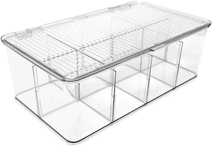Isaac Jacobs Divided Clear Plastic Organizer (10.88" x 6.63" x 3.75") w/Hinged Lid & Removable Dividers, Stackable Box for Tea Bags, Office Supplies, Cosmetics, BPA-Free, Food Safe Pantry Container