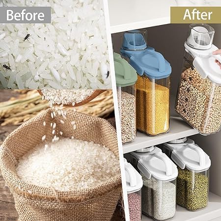 LANGMINGDE Cereal Containers Storage, 2.8L/95oz Airtight Large Dry Food Storage Containers with Pouring Spout Measuring Cup for Snacks Grain Rice,BPA Free Dispenser Plastic Bin