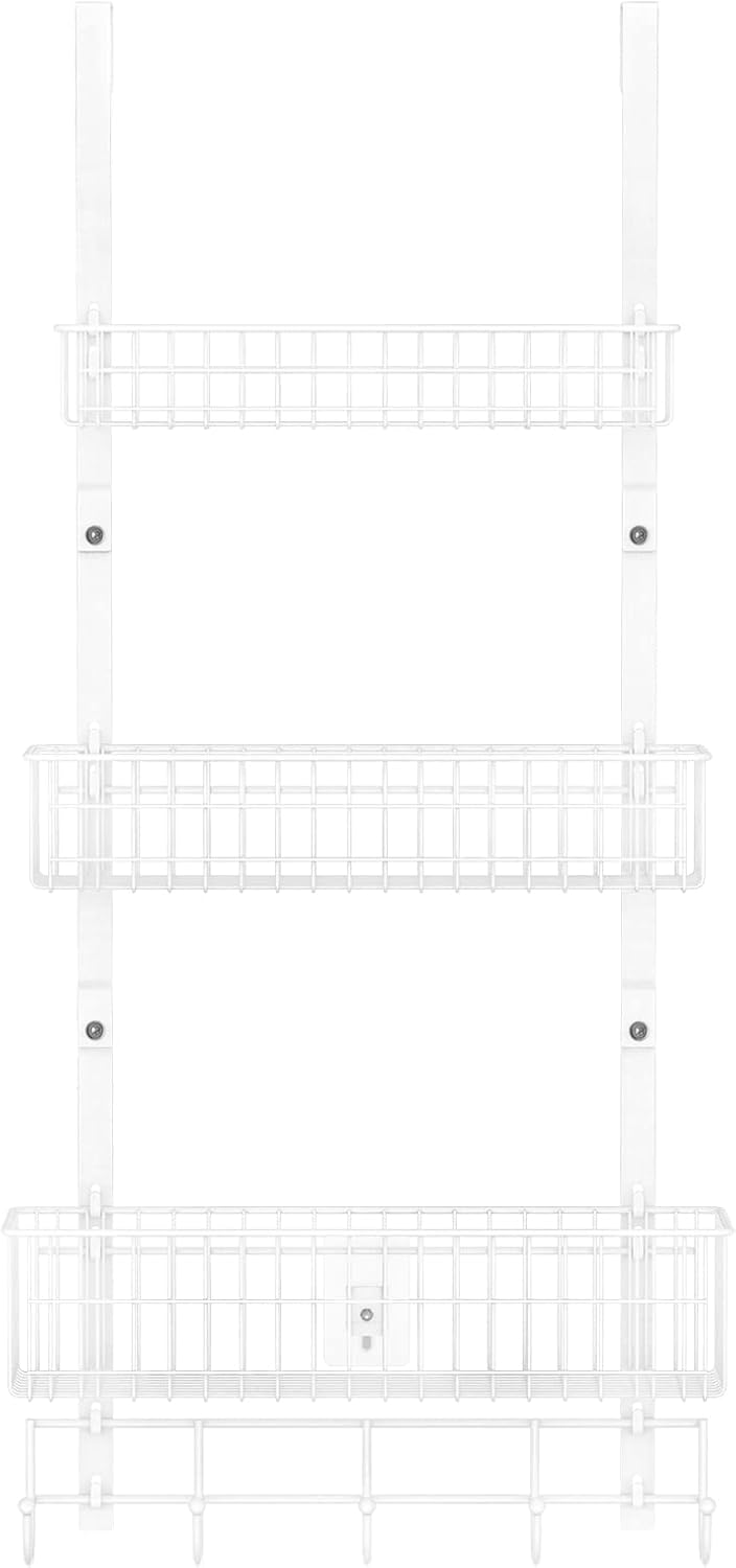 Over the Door Pantry Organizer 3 Tier Hanging Basket Back Door Storage Rack Shelf Metal Over the Door Shelves with 3 Baskets and 5 Hooks for Bathroom Kitchen Pantry Bedroom, Black