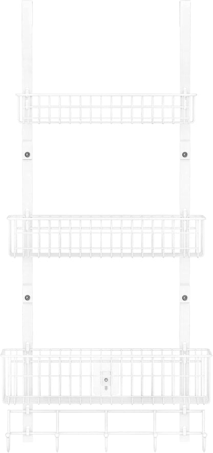 Over the Door Pantry Organizer 3 Tier Hanging Basket Back Door Storage Rack Shelf Metal Over the Door Shelves with 3 Baskets and 5 Hooks for Bathroom Kitchen Pantry Bedroom, Black