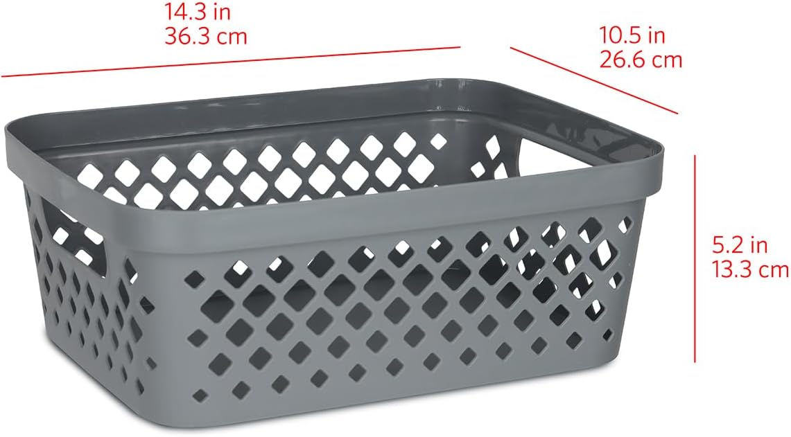 Glad Plastic Baskets for Organizing, Set of 6 | Pantry Storage for Under Counter, Linen Closet, and Bathroom | Nesting Shelf Bins with Handles, 1 Gallon, Grey
