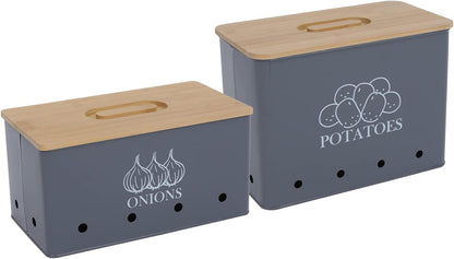Potato Onion Storage Box, Food Container Sets, Storage Canisters for Vegeatables, Set of 2 Jars Pots Containers, Potato & Onion Bin with Aerating Tin Storage Holes & Bamboo Lid-White