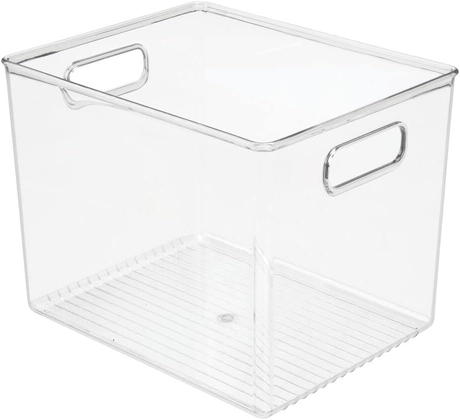 mDesign Plastic Modern Kitchen, Pantry Food Storage Container Bin w/ Handles - Cabinet, Fridge/Freezer, Countertop Organizer - Snacks/Drink/Appliances; Ligne Collection, Clear, 10x5x8 (Pack of 2)
