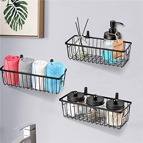 SheeChung Farmhouse Metal Wire Bin Basket with Wall Mount - Small, - Portable Hanging Wall Basket, Rustic Home Storage Organizer for Cabinets, Pantry, Closets, Bathroom, Kitchen,Bedroom(Black)