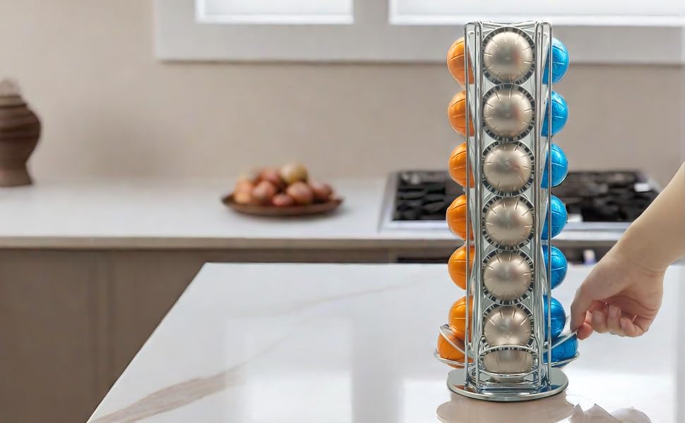 Miuly Coffee Capsule Holder For Nespresso Vertuoline, Coffee Capsule Stands Rotating Pod Rack holds 28 Nespresso Vertuo Pods, Black