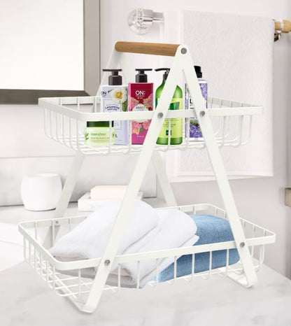 mahueeol 2 Tier Countertop Fruit Basket,Portable Fruit Bowle for Kitchen Organizer Storage & Dining Room Fruits Vegetable Bread Snacks, Detachable Metal Rectangle Basket Storage