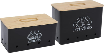 Potato Onion Storage Box, Food Container Sets, Storage Canisters for Vegeatables, Set of 2 Jars Pots Containers, Potato & Onion Bin with Aerating Tin Storage Holes & Bamboo Lid-White