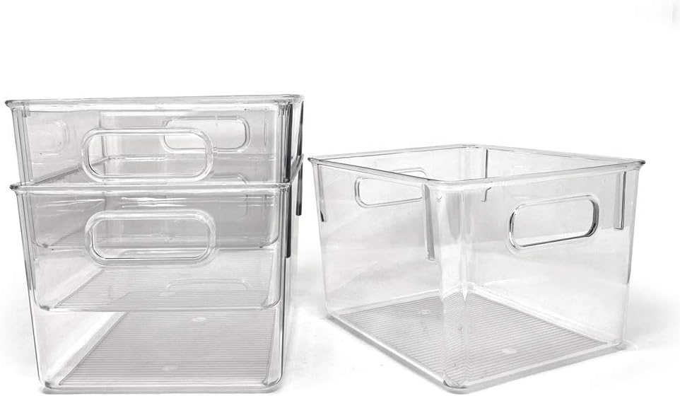 Isaac Jacobs 3-Pack Large Clear Storage Bins with Handles, Plastic Organizer for Home, Room, Office, Fridge, Kitchen/Pantry Non-Slip Container Set, Food Safe, BPA Free (3-Pack, Large)