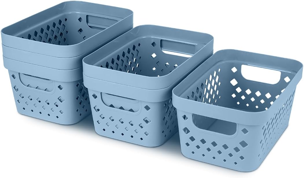 Glad Plastic Baskets for Organizing, Set of 6 | Pantry Storage for Under Counter, Linen Closet, and Bathroom | Nesting Shelf Bins with Handles, 1 Gallon, Grey