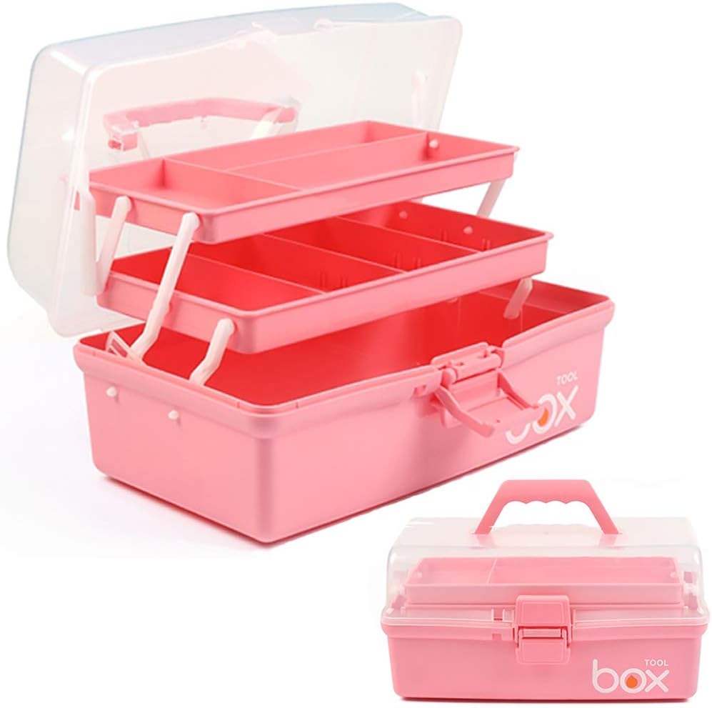 TERGOO 12in 3-Layer Plastic Craft Organizers and Storage, Portable Folding Tackle Box with Handle & Adjustable Dividers, Multipurpose Case for Sewing, Art Supplies, Medicine, Tools (Blue)