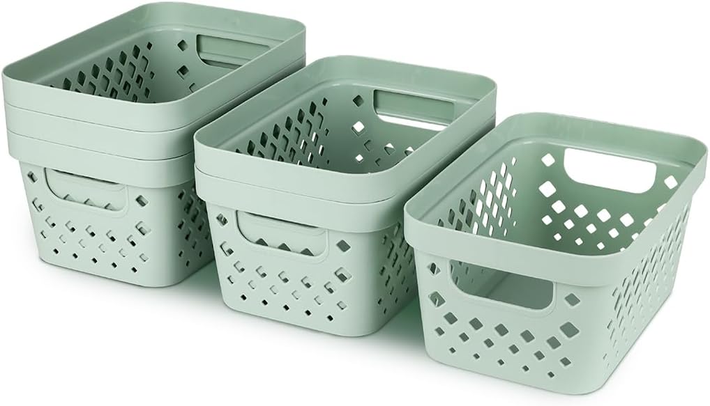 Glad Plastic Baskets for Organizing, Set of 6 | Pantry Storage for Under Counter, Linen Closet, and Bathroom | Nesting Shelf Bins with Handles, 1 Gallon, Grey