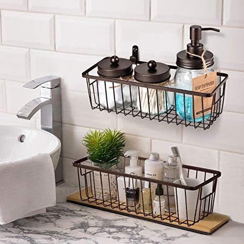 SheeChung Farmhouse Metal Wire Bin Basket with Wall Mount - Small, - Portable Hanging Wall Basket, Rustic Home Storage Organizer for Cabinets, Pantry, Closets, Bathroom, Kitchen,Bedroom(Black)