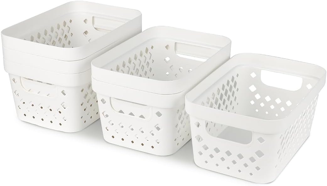 Glad Plastic Baskets for Organizing, Set of 6 | Pantry Storage for Under Counter, Linen Closet, and Bathroom | Nesting Shelf Bins with Handles, 1 Gallon, Grey