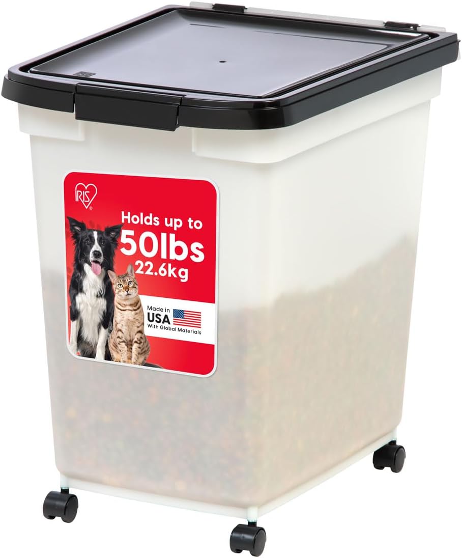 IRIS USA Airtight Dog Food Storage Container, WeatherPro, Up to 50 lbs, Removable Wheels, for Dog Cat Bird and Other Pet Food Storage Bin, Keep Fresh, Translucent Body, Made in USA, Clear/Gray
