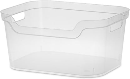 Sterilite 7 x 11 x 14.25 Inch Polished Open Scoop Front Storage Bin with Comfortable Carry Through Handles for Household Organization, Clear