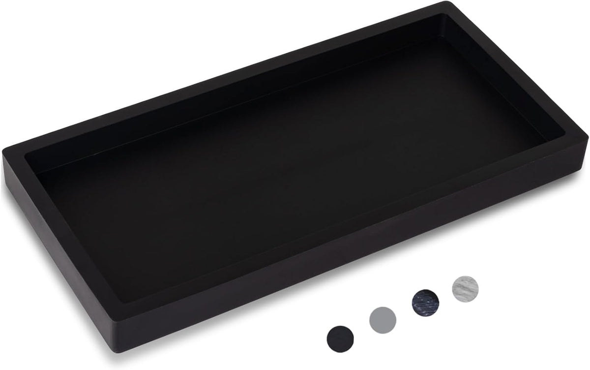Small Silicone Bathroom Vanity Tray Rectangle Soap and Sponge Holder Kitchen Sink Organizer for Scrubber, Lotion Bottles, Perfume, Jewelry, Candle, Key Trinket Ring, Black