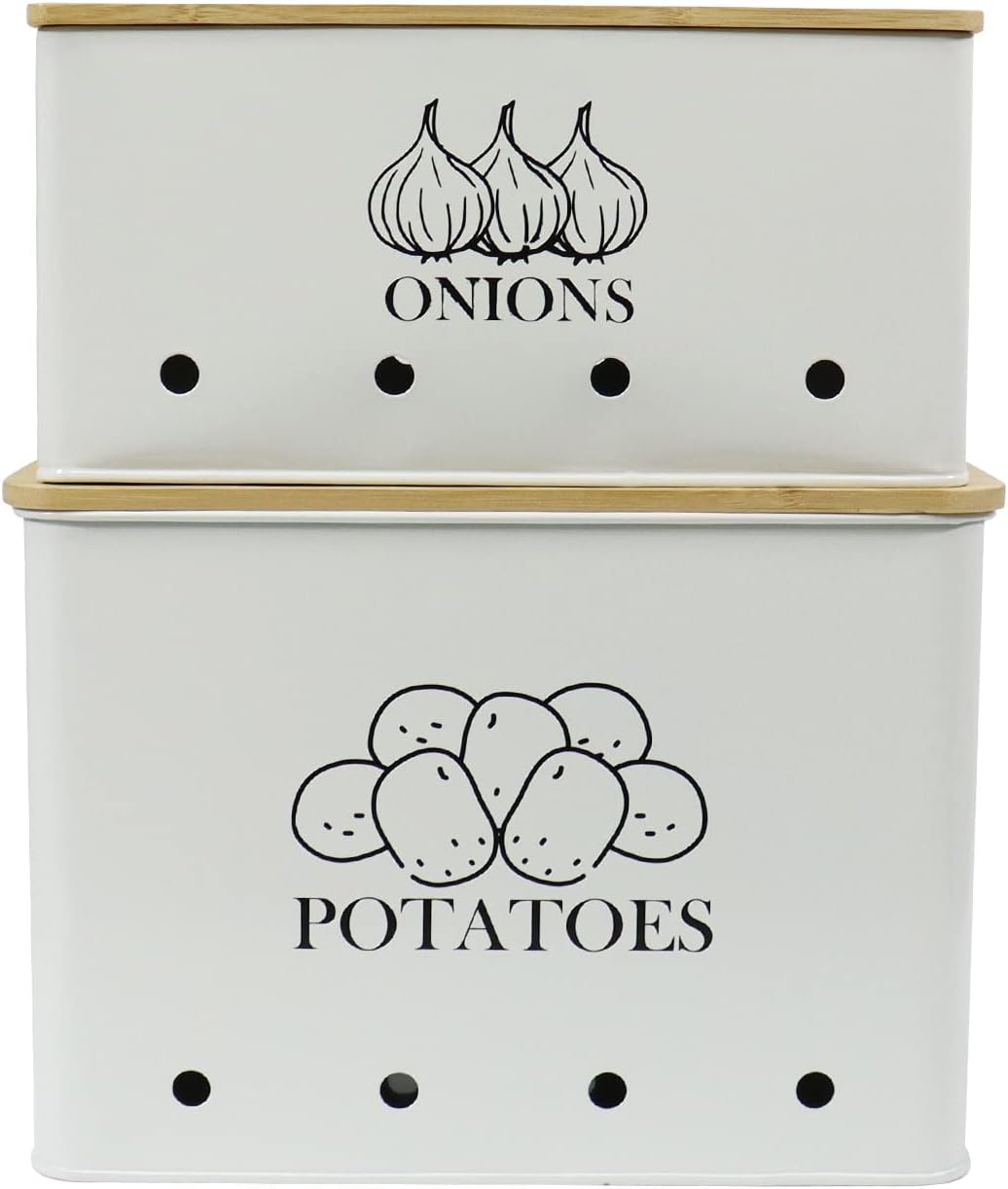 Potato and Onion Storage Bin Set of 2, Vented Metal Vegetable Storage with Wooden Lids, Farmhouse Kitchen Canisters for Countertop Pantry Organizer, Potato Bin Onion Holder for Produce Storage, Black
