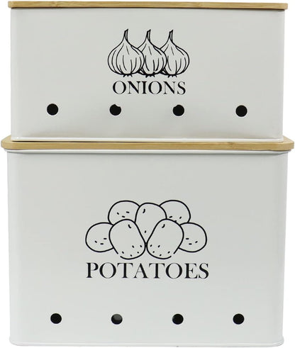 Potato and Onion Storage Bin Set of 2, Vented Metal Vegetable Storage with Wooden Lids, Farmhouse Kitchen Canisters for Countertop Pantry Organizer, Potato Bin Onion Holder for Produce Storage, Black