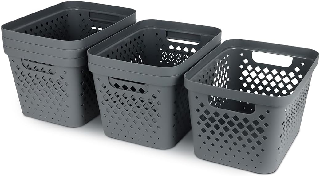 Glad Plastic Baskets for Organizing, Set of 6 | Pantry Storage for Under Counter, Linen Closet, and Bathroom | Nesting Shelf Bins with Handles, 1 Gallon, Grey