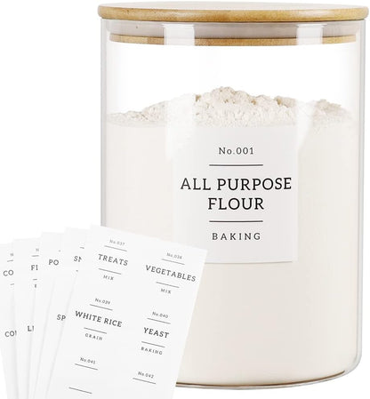 HHMJSM Large Glass Storage Jars With Airtight Bamboo Lid - 100 Fl Oz Thicken Kitchen Glass Food Storage Canister With 42 Pantry Labels - Big Clear Flour And Sugar Containers Farmhouse