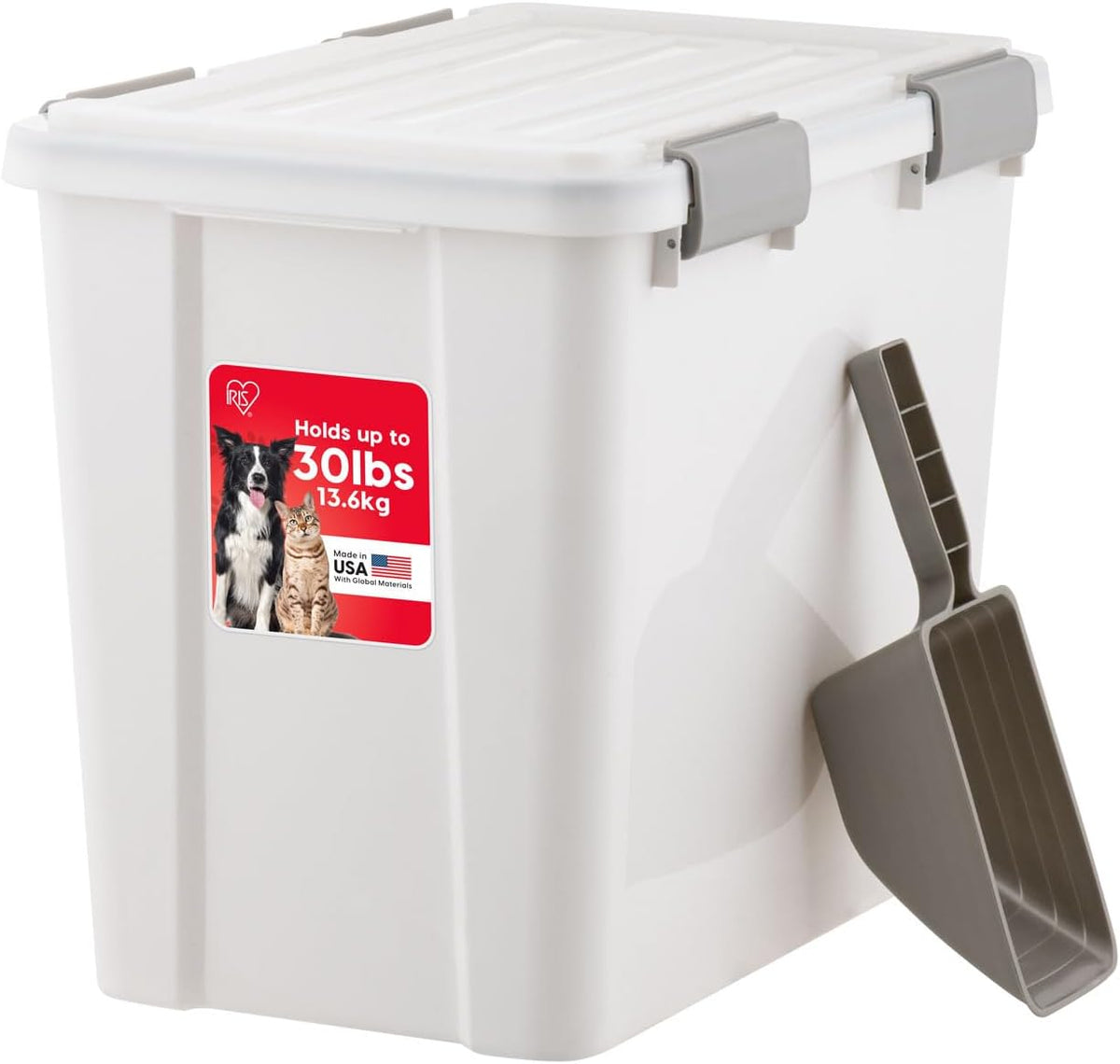 IRIS USA Stackable Dog Food Storage Container with 2 Cup Scoop, 4 Secure Latches, Fits up to 30 lbs, Pet Dry Food Bin, Gasket Seal Lid, BPA Free, Stackable, Easy Measure, Gray/Dark Gray