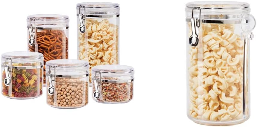Oggi Clear Canister Set with Clamp Lids & Spoons - Airtight Food Storage Containers, Ideal for Kitchen & Pantry Storage of Bulk, Dry Food Including Flour, Sugar, Coffee, Rice, Tea, Spices & Herbs