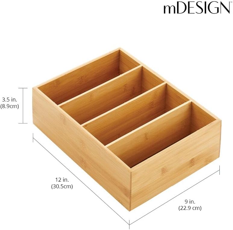mDesign Bamboo Wood Compact Food Storage Organizer Bin Box - 4 Divided Sections - Holder for Seasoning Packets, Pouches, Soups, Spices, Snacks - Natural