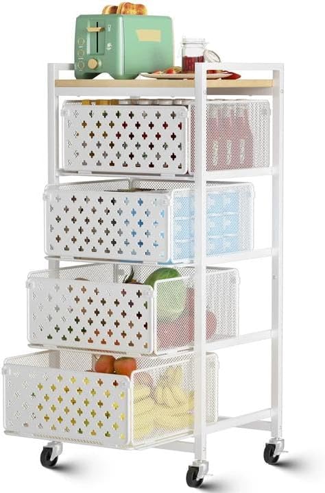 5 Tier Kitchen Storage Cart with Wheels, Utility Fruit Vegetable Storage Rack Stand with Pull-Out Baskets & Wood Top, Metal 4-Drawers Rolling Snack Cart, Kitchen Cart for Potato Onion(Black)