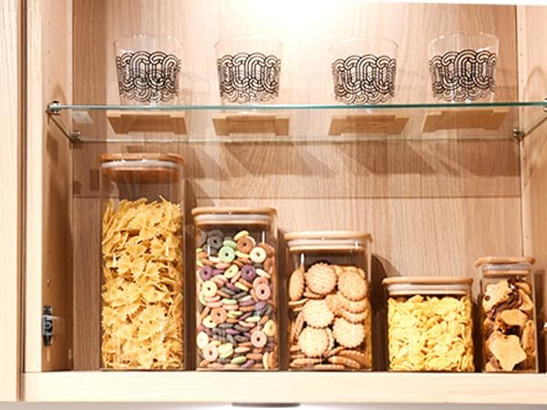 SHOWIN Glass Food Storage Jars Square 37oz, 4 Pack Glass Jars With Bamboo Lids, Kitchen Storage Containers For Spice, Candy, Cookie, Storage For Pantry Organizers
