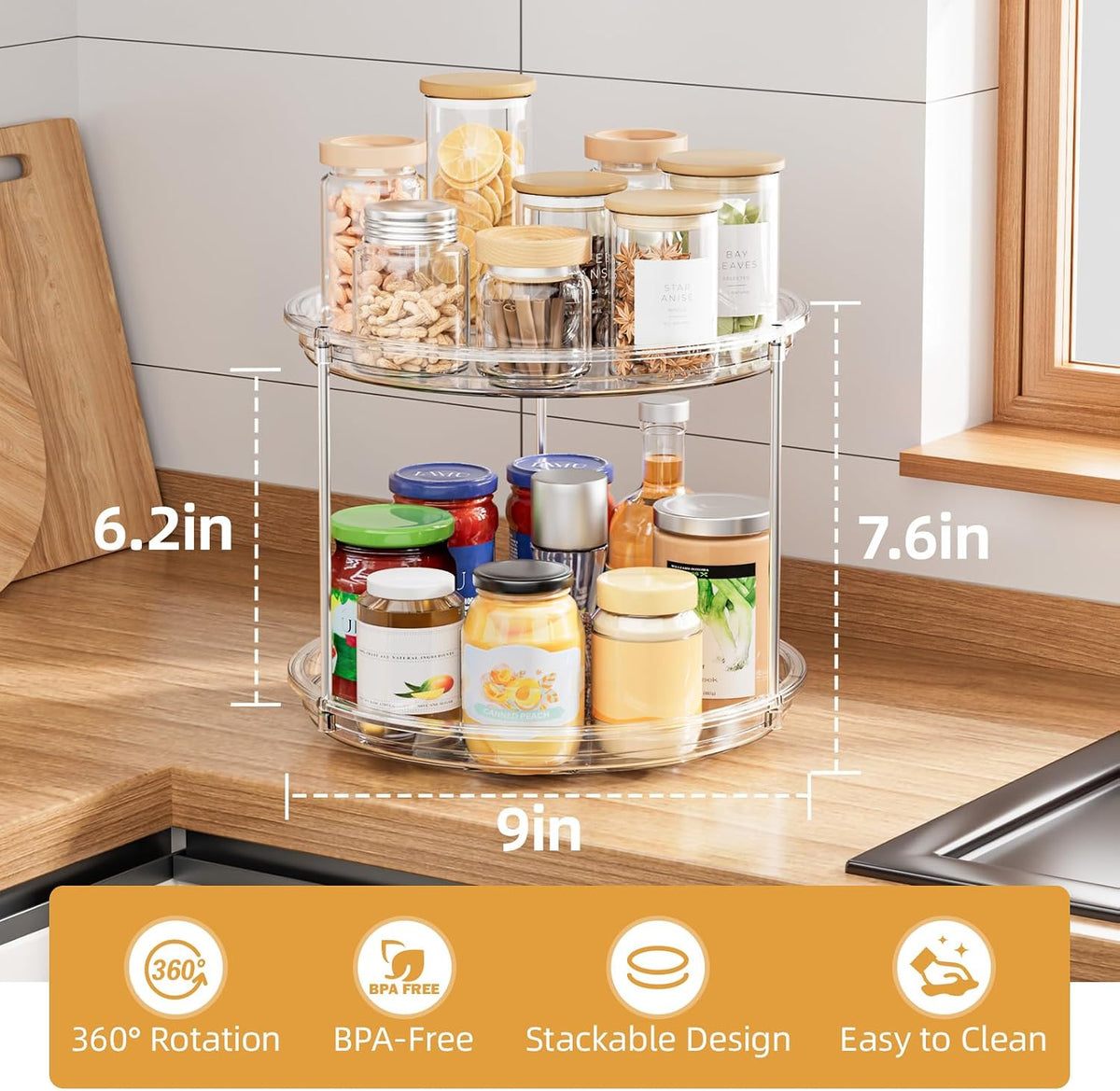 LAMU 2 Tier Lazy Susan Turntable Organizer for Cabinet, 9'' Rotating Spice Rack for Kitchen, Pantry, Countertop, Bathroom, Vanity, Under Sink, Medicine Cabinet Organizer