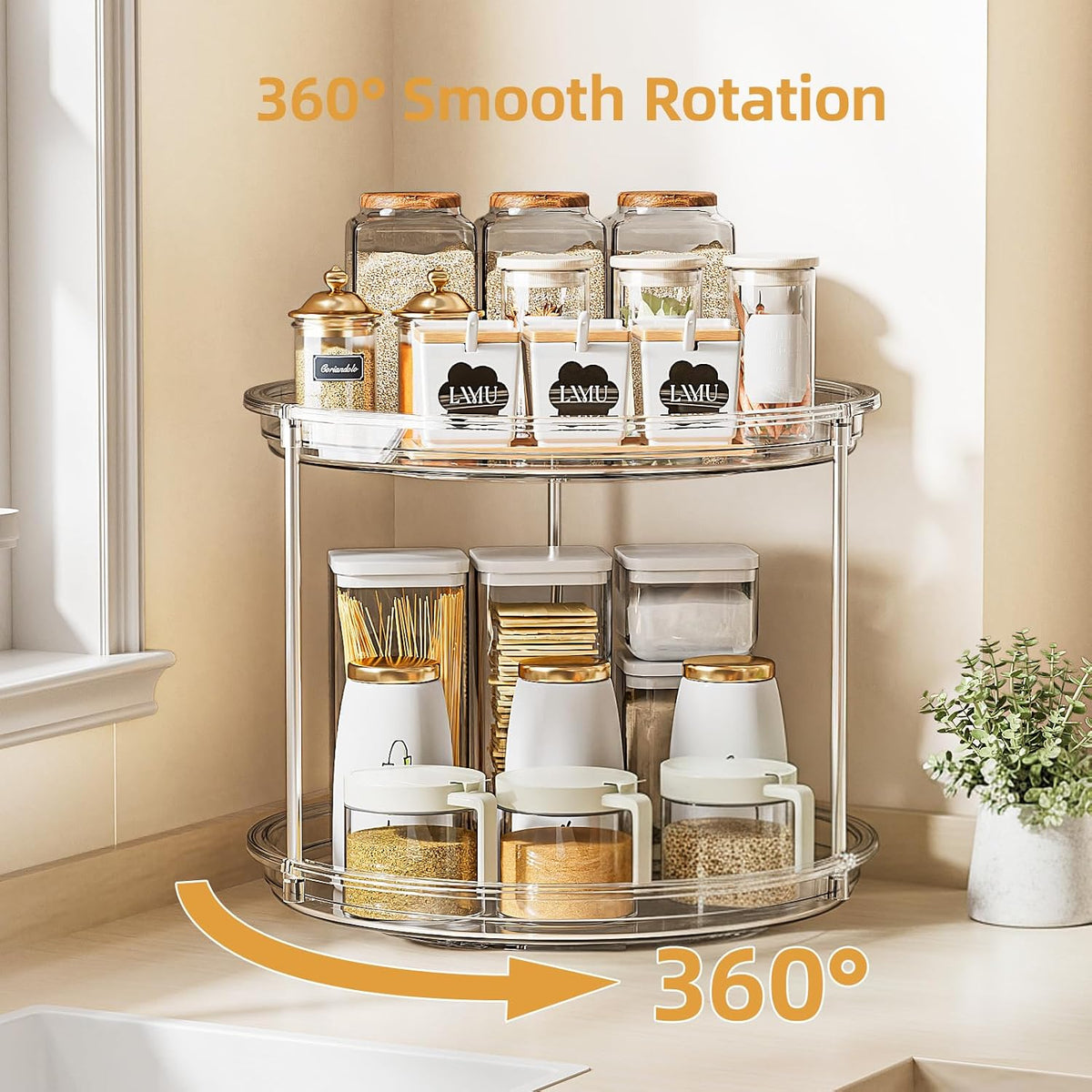LAMU 2 Tier Lazy Susan Turntable Organizer for Cabinet, 9'' Rotating Spice Rack for Kitchen, Pantry, Countertop, Bathroom, Vanity, Under Sink, Medicine Cabinet Organizer