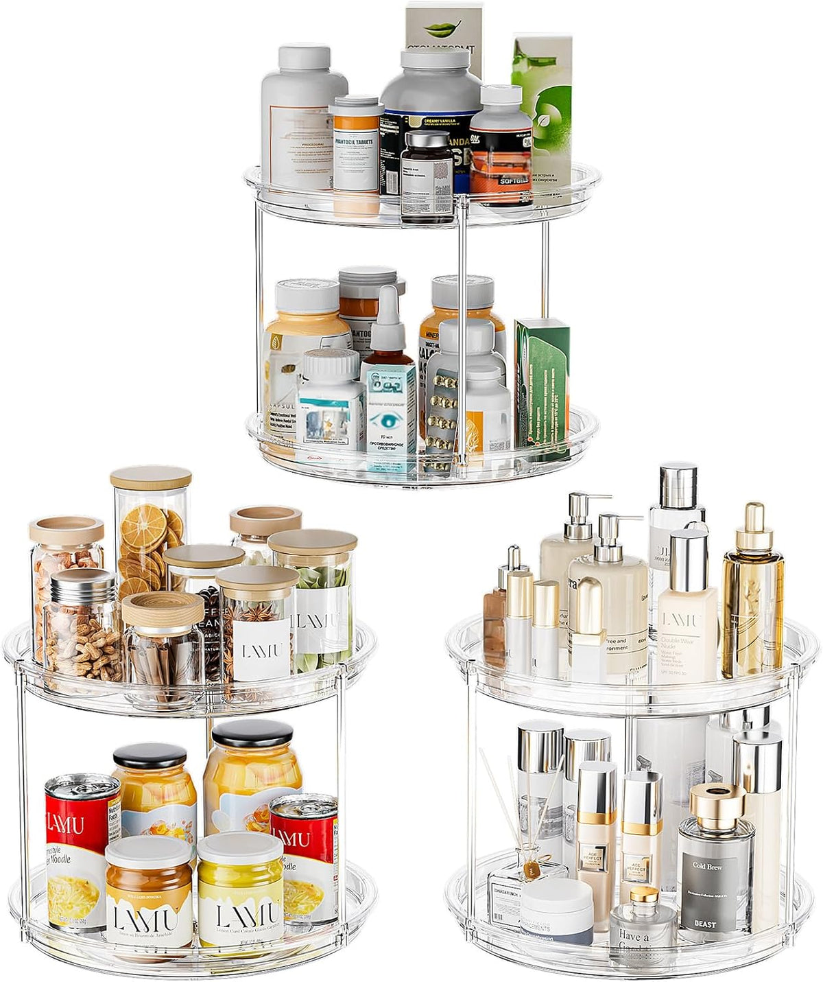 LAMU 2 Tier Lazy Susan Turntable Organizer for Cabinet, 9'' Rotating Spice Rack for Kitchen, Pantry, Countertop, Bathroom, Vanity, Under Sink, Medicine Cabinet Organizer