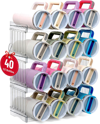 Water Bottle Organizer for Full Stanley 40 oz Tumbler with Handle, Cabinet Kitchen Pantry Organizers and Storage for Owala Stanley Cup Accessories Holder, Patented Stackable Tumbler Organizer Gifts