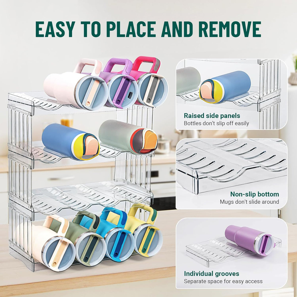 Water Bottle Organizer for Full Stanley 40 oz Tumbler with Handle, Cabinet Kitchen Pantry Organizers and Storage for Owala Stanley Cup Accessories Holder, Patented Stackable Tumbler Organizer Gifts