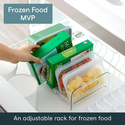 FreezeUp Freezer Rack 12" BPA-Free Fridge Organizer with Adjustable Dividers and Handles for Frozen Food Box and Meal Storage, Clear