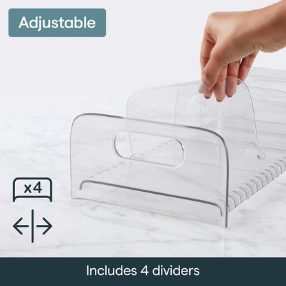 FreezeUp Freezer Rack 12" BPA-Free Fridge Organizer with Adjustable Dividers and Handles for Frozen Food Box and Meal Storage, Clear