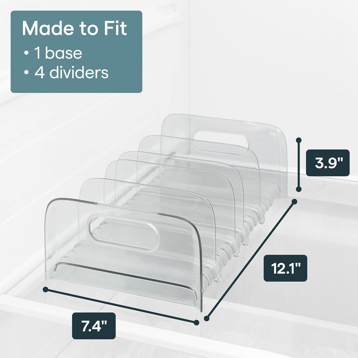 FreezeUp Freezer Rack 12" BPA-Free Fridge Organizer with Adjustable Dividers and Handles for Frozen Food Box and Meal Storage, Clear