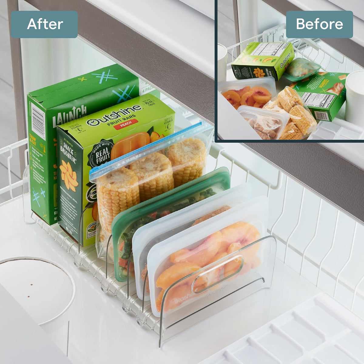 FreezeUp Freezer Rack 12" BPA-Free Fridge Organizer with Adjustable Dividers and Handles for Frozen Food Box and Meal Storage, Clear