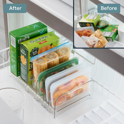 FreezeUp Freezer Rack 12" BPA-Free Fridge Organizer with Adjustable Dividers and Handles for Frozen Food Box and Meal Storage, Clear