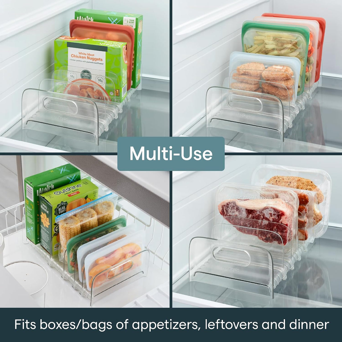 FreezeUp Freezer Rack 12" BPA-Free Fridge Organizer with Adjustable Dividers and Handles for Frozen Food Box and Meal Storage, Clear