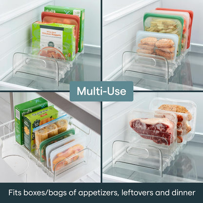 FreezeUp Freezer Rack 12" BPA-Free Fridge Organizer with Adjustable Dividers and Handles for Frozen Food Box and Meal Storage, Clear