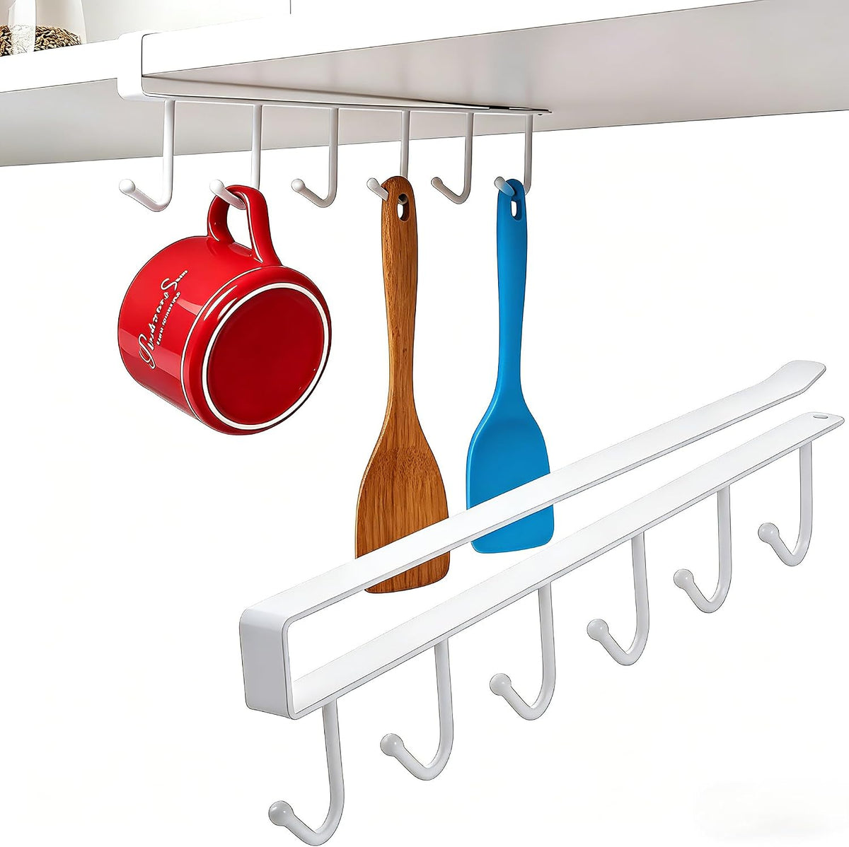 Kitchen Utensil Hanger with 6 Hooks, No Drill Under Cabinet Hooks for Measuring Cup Organizer, Iron Utensil Hanger, Camper Storage and Space Saving Rack for Spatula and Mug